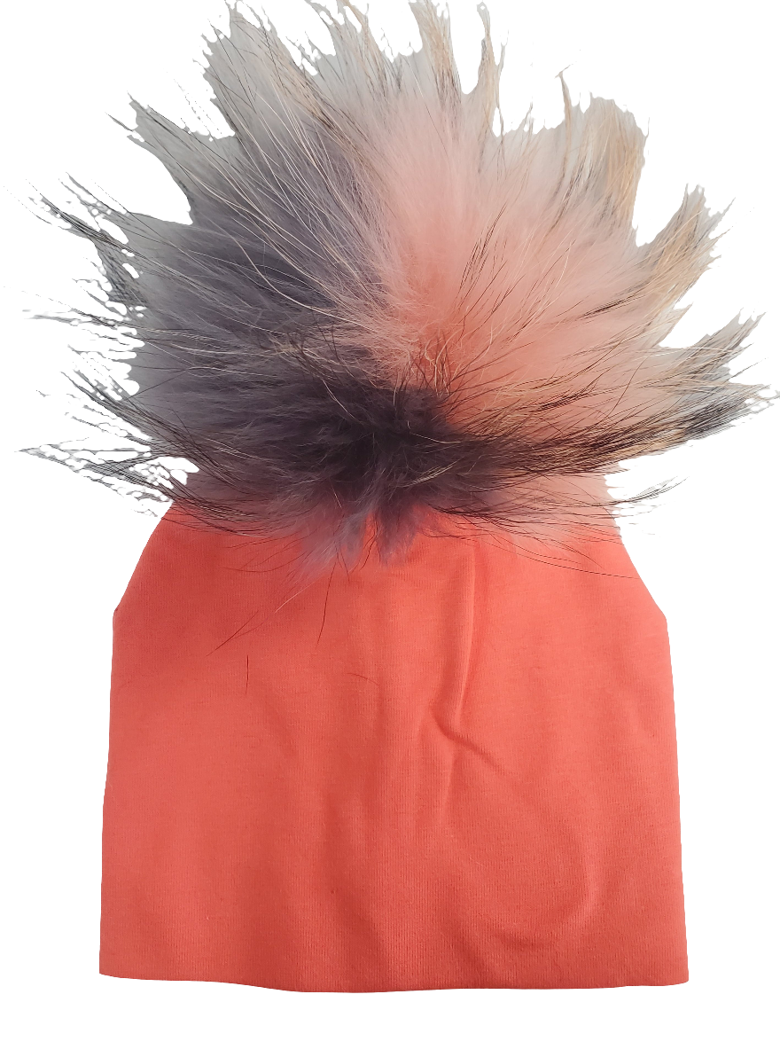 Pom Cotton Hat- Coral/Grey - 0-4 Months