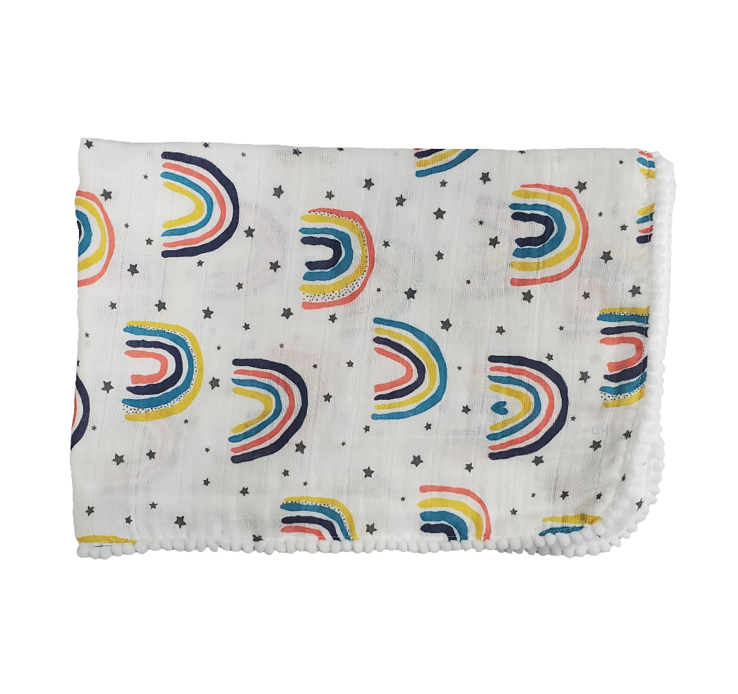 SAMPLE - Rainbow Pom Muslin Swaddle (FINAL SALE)