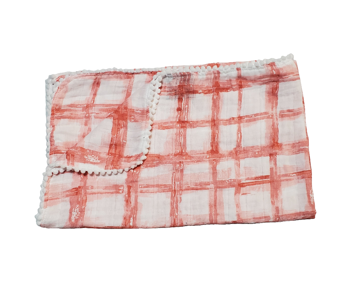 SAMPLE Blush Coral Checkers Pom Muslin Swaddle (FINAL SALE)