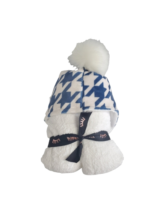 Houndstooth Cobalt Pom Hooded Towel