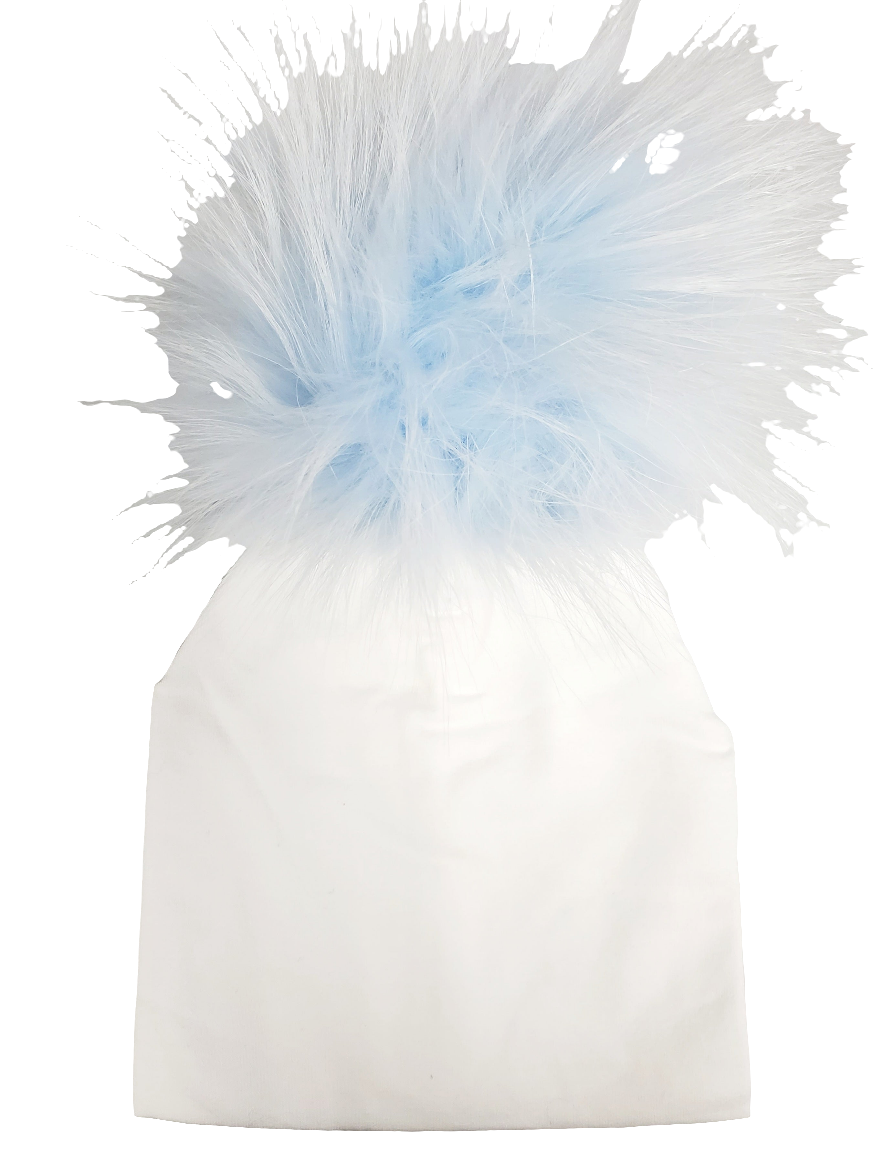 Pom Cotton Hat- White/Baby Blue - 0-4 Months