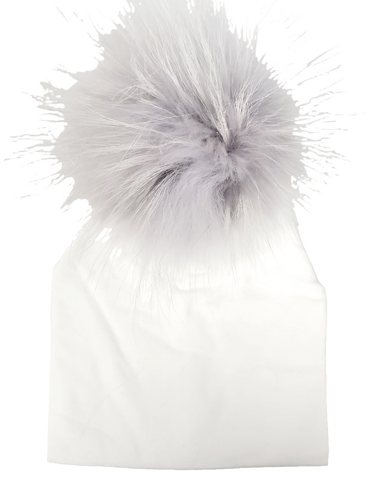 Pom Cotton Hat- White/Silver - 0-4 Months