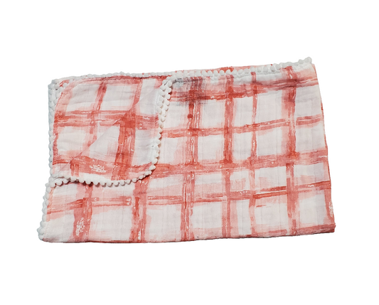 SAMPLE  Blush Coral Checkers Pom Muslin Swaddle (FINAL SALE)