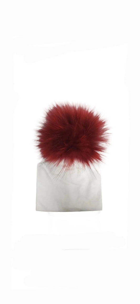 Pom Cotton Hat- White/Merlot - 0-4 Months