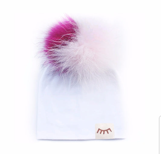 Pom Cotton Hat- White/Candy - 0-4 Months
